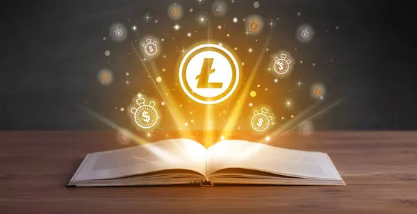 Open Book Litecoin Icons Currency Exchange Concept Stock Photo