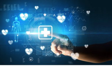 Doktor el, ekranda ilk yardım sembolü olan fütüristik sağlık aygıtı, fütüristik kavram