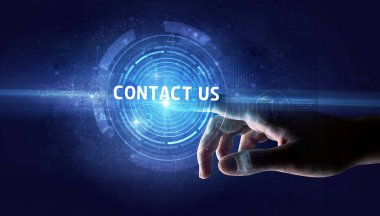 Hand touching CONTACT US button, modern business technology concept