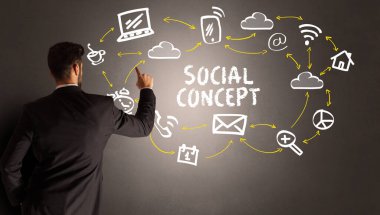 SOCIAL CONCEPT yazıtlı sosyal medya simgeleri çizen işadamı, yeni medya kavramı