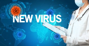 Doktor tıbbî kayıtları NEW VIRUS yazıtları, viroloji konseptiyle dolduruyor.