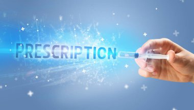 Şırınga, elinde prescRIPTION yazısıyla tıbbi enjeksiyon, tıbbi panzehir konsepti