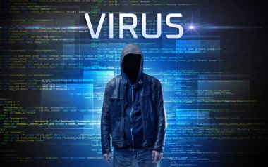 İkili kod arka planında VIRUS yazısıyla yüzsüz hacker