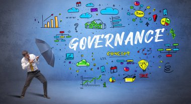 Şemsiyenin arkasına saklanan azimli işadamı GOVERNANCE yazıtları, yeni iş konsepti konsepti kavramı