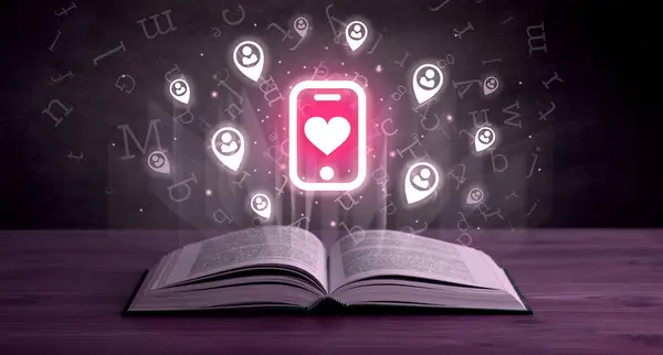 Άνοιγμα Βιβλίου Smartphone Εικονίδια Καρδιά Παραπάνω Έννοια Κοινωνικής Δικτύωσης Εικόνα Αρχείου
