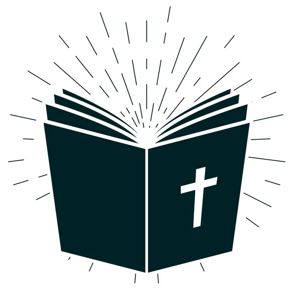 Bíblia Sagrada Livro Antigo Aberto Testamento Com Crucifixo Tampa Evangelho —  Vetores de Stock