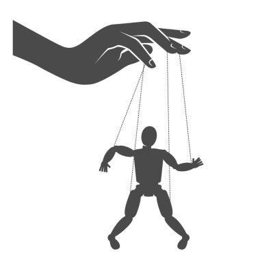 Kukla ustası, iplerde sallanan bir kuklayı kuklacı, kuklacı, kadın tarafından kontrol edilen erkek, kılıbık, vektör.