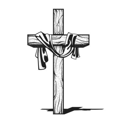 Cross with canvas, crucifix with hanging down fabric, resurrection after crucifixion of Jesus, christianity symbol, vector clipart