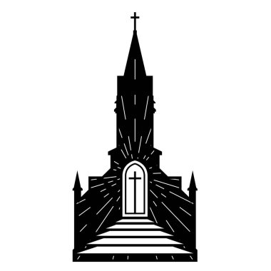 Parlak girişi ve merdivenleri olan Hıristiyan Katolik kilise binası, dua kavramı, katedralin silueti, vektör