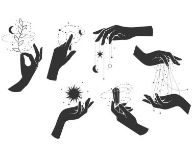 Magic, wizardry and fortune-telling, woman hands practicing witchcraft, incantation, magic spells and sorcery of sorceress, vector  clipart