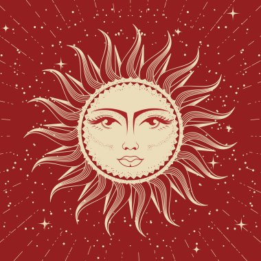 Sun with woman face, astrology, divination and magic, the device of the universe, esoteric horoscope sun, vector