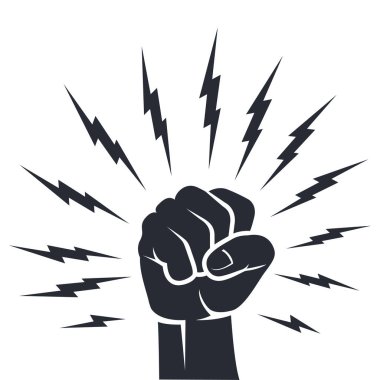 Fist with thunder and lightning around, strike, protest and conflict symbol, power gesture, vector