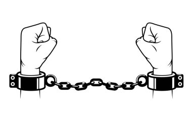 Slave hands with shackles on wrists, handcuffed prisoner, fetter  or manacle on fists, debt concept , vector