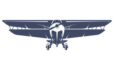 Light aviation emblem with biplane, vintage airplane wit double wing,  propeller aircraft front view logo, vector
