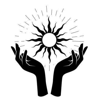 Woman hands hold black sun, occultism and mysticism, spells and witchcraft, star, vector  clipart