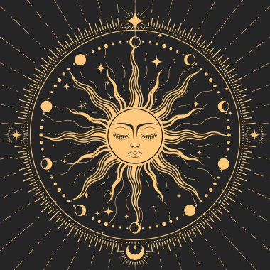 Sleeping sun with closed eyes, astrology symbol, sun with face in ornate frame , tarot magic, vector 