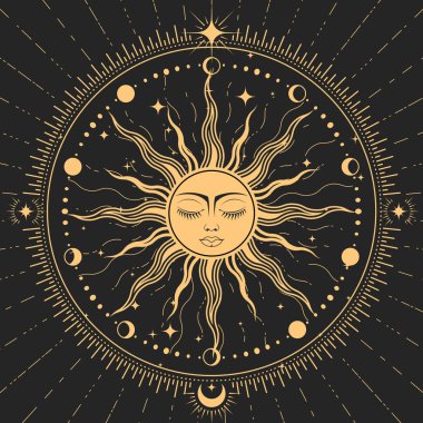 Sleeping sun with closed eyes, astrology symbol, sun with face in ornate frame , tarot magic, vector  clipart