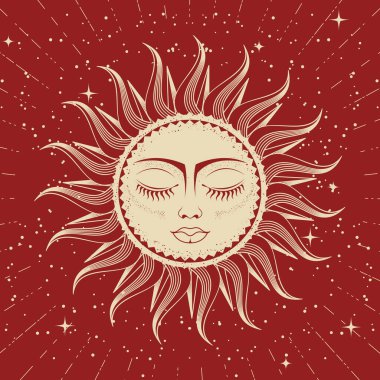 Kadın yüzü ve gözleri kapalı mistik güneş, astroloji, kehanet ve sihir, esrarengiz rüya güneşi, vektör