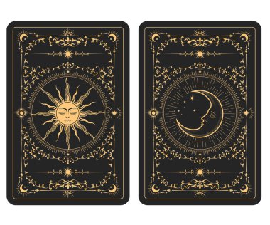 Tarot kartlarının ters tarafı, mistik güneş ve ayın deseni, yarım ayın ve astrolojinin esrarengiz sembolleri, 