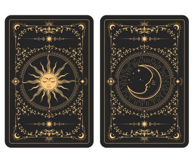 The reverse side of a tarot cards batch, pattern with mystic sun and moon, esoteric symbols of half-moon and astrology, vector  clipart