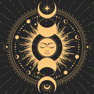 Lunar phase and mystic dreaming sun with closed eyes, astrology symbol, sun with face and moon, tarot magic and mystery, vector  clipart