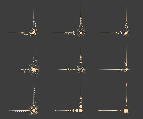 一组神秘的角落和边框 神奇的横幅和星相星座 塔罗牌风格 深奥的小夜曲 — 图库矢量图片