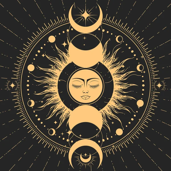 月相与神秘梦想太阳与闭眼 占星术符号 太阳与脸与月亮 塔罗牌魔法与谜 — 图库矢量图片