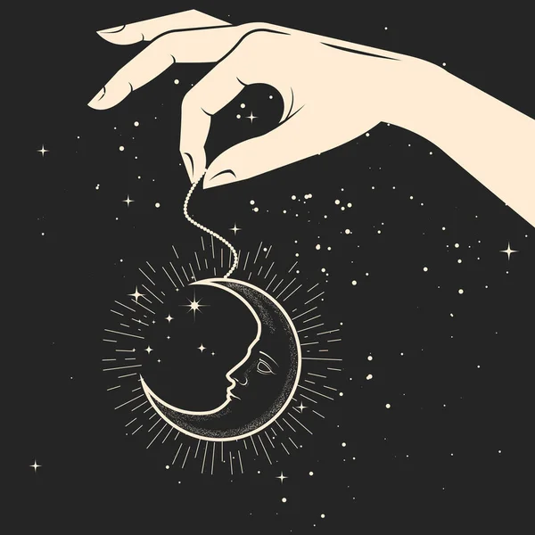 Hand Mystic Pendant Moon Face Pendulum Crescent Amulet Oneiromancy Witchcraft — Stock Vector