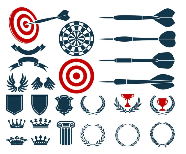 ダーツゲーム紋章 腕の賞のコート 賞の要素 ターゲット ダーツボードとバナー ダーツの競争の紋章 ベクトル — ストックベクタ