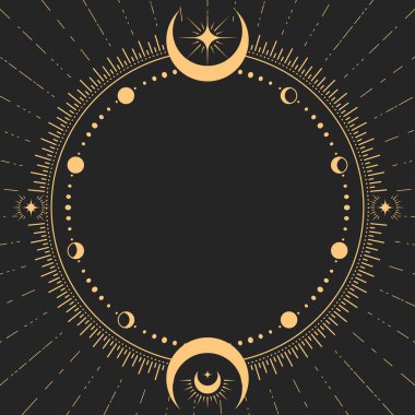 Mystic round frame with lunar phases, tarot magic and astrology border moon decor, vector clipart