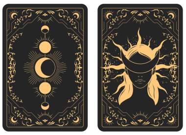 The reverse side of a tarot cards batch, pattern with blindfold witch face and lunar phases, esoteric and mystic symbols, sorcery, vector clipart