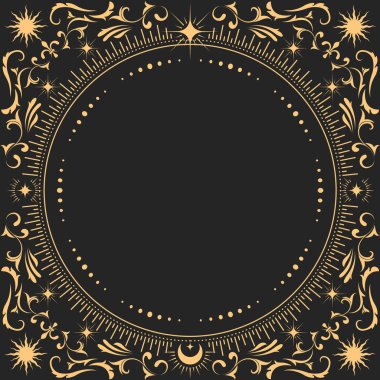 Süslü mistik yuvarlak çerçeve, süslü desenli tarot büyüsü ve astroloji, sınır dekorasyonu, vektör