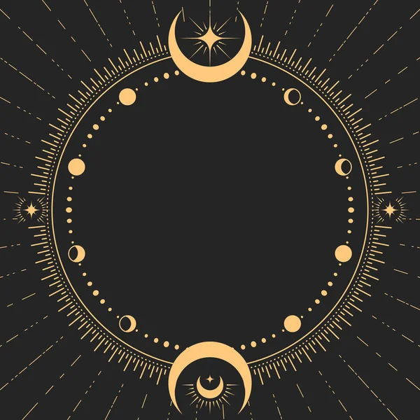 带有月相 塔罗牌魔法和占星术的神秘圆形框架边缘卫星装饰 — 图库矢量图片