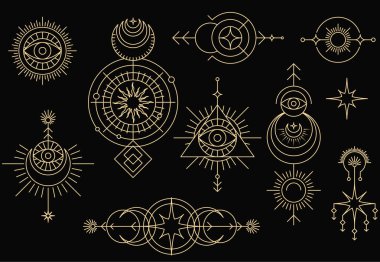 Set of mystical magic symbols, occult tarot signs and spiritual emblems with sun, moon and stars, all-seeing eye, tribal marks, vector clipart