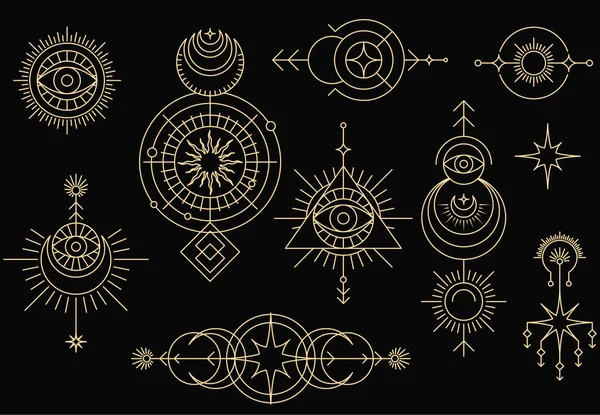 一组神秘的魔法符号 神秘的塔罗牌和带有太阳 月亮和星星的精神符号 全视的眼睛 部落标记 — 图库矢量图片