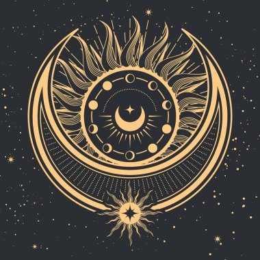 Mystical sun and moon, tarot cards magic, sorcery and divination occult symbol, vector clipart