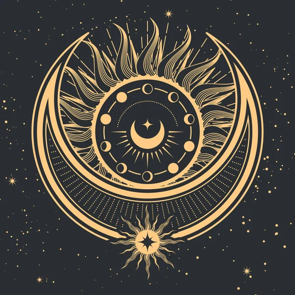 Mystical Sun Moon Tarot Cards Magic Sorcery Divination Occult Symbol — Stock Vector