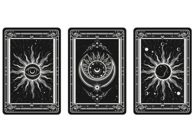 Tarot kartları ters tarafta gizemli ve mistik semboller, her şeyi gören göz, güneş ve ay, sihirli işaretler, vektör