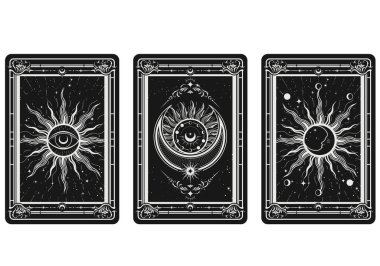 Tarot cards reverse side with esoteric and mystic symbols, all-seeing eye, sun and moon, sorcery signs, vector clipart