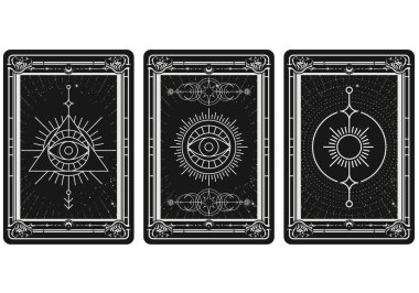 Tarot cards with mystical magic symbols, occult signs, all-seeing eye, occult tribal marks, vector clipart