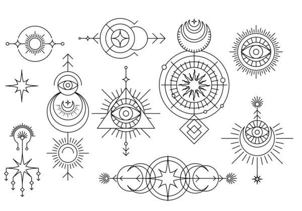 神秘的魔法符号 带有太阳 月亮和星星的神秘塔罗牌 全能的眼睛 部落标记 — 图库矢量图片