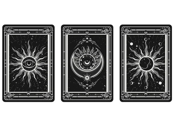 Tarotkarten Rückseite Mit Esoterischen Und Mystischen Symbolen Allsehendes Auge Sonne — Stockvektor