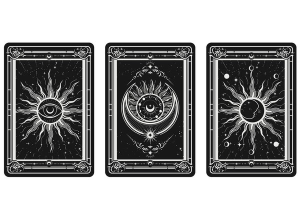 Tarot cards reverse side with esoteric and mystic symbols, all-seeing eye, sun and moon, sorcery signs, vector