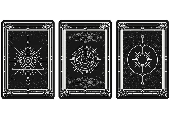 Karty Tarotowe Mistycznymi Symbolami Magii Znaki Okultystyczne Wszystko Widzące Oko — Wektor stockowy