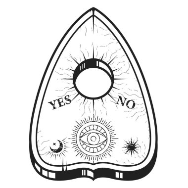 Ouija pointer for spirit talking board, spiritualism session board with occult symbols, vector  clipart