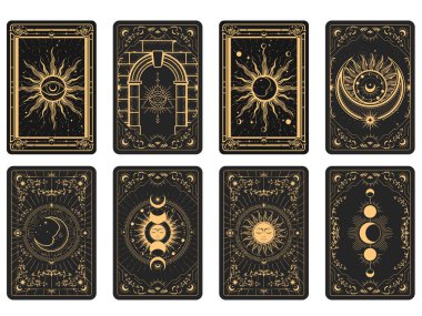 Tarot cards batch reverse side, magic frame with esoteric patterns and mystic symbols, sun and moon sorcery, vector clipart