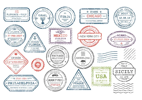 Zestaw Międzynarodowych Stempli Wizowych Stempel Gumowy Postrzępiony Paszport Przylotu Wyjazdu Grafika Wektorowa