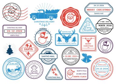 Noel pulları, Noel Baba postası, Yeni Yıl kauçuk pulları koleksiyonu, vektör