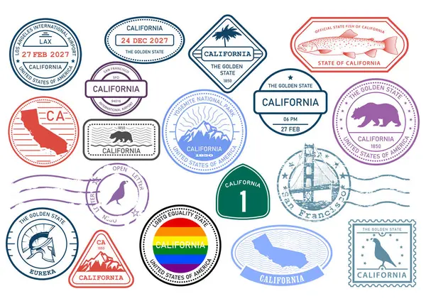 加利福尼亚州邮票集 带有州和地图轮廓符号的邮票 — 图库矢量图片