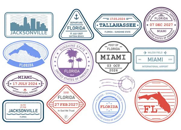 Conjunto Selos Flórida Selo Postal Com Símbolos Estado Esboço Mapa Gráficos Vetores